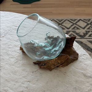 Unique Glass Bowl with Wooden Base
